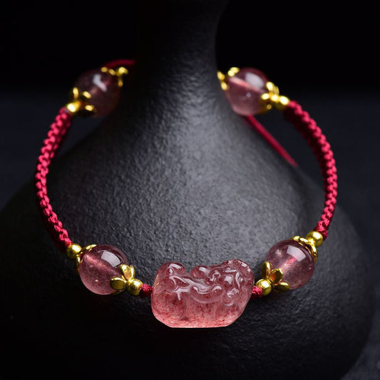 Natural Strawberry Crystal Pixiu Charm Lucky Red String Bracelet