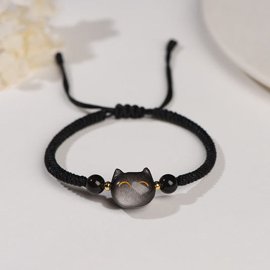 Handmade Natural Silver Sheen Obsidian Strawberry Quartz Cute Cat Protection Braided Bracelet
